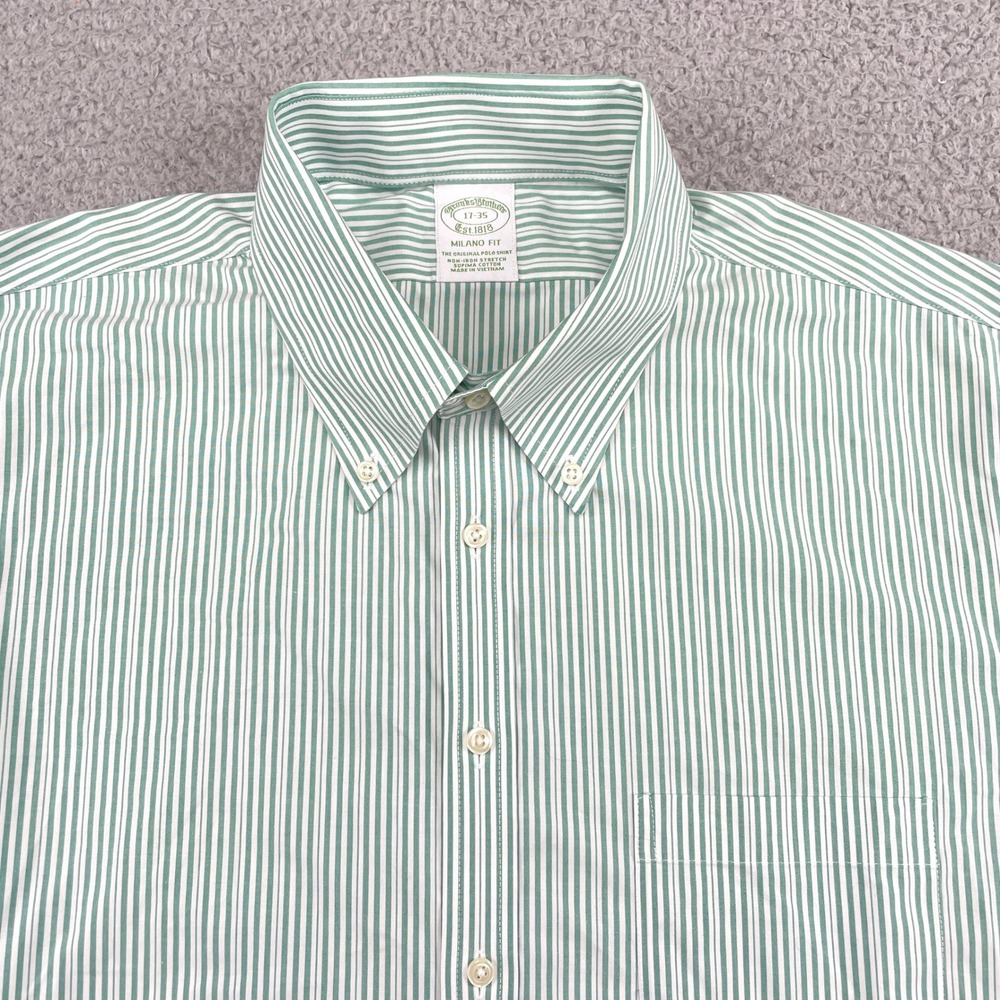 Brooks Brothers Shirt Mens 17-35 Green Stripe Milano Fit Non-Iron Supima Cotton